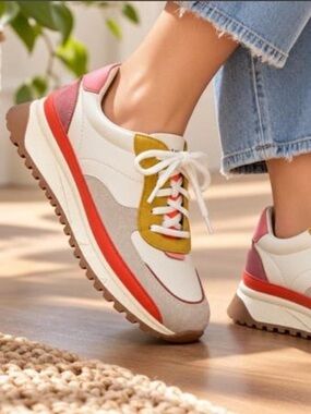 Madewell Colorblock Leather Sneakers Size 8M White Mustard Coral Pink